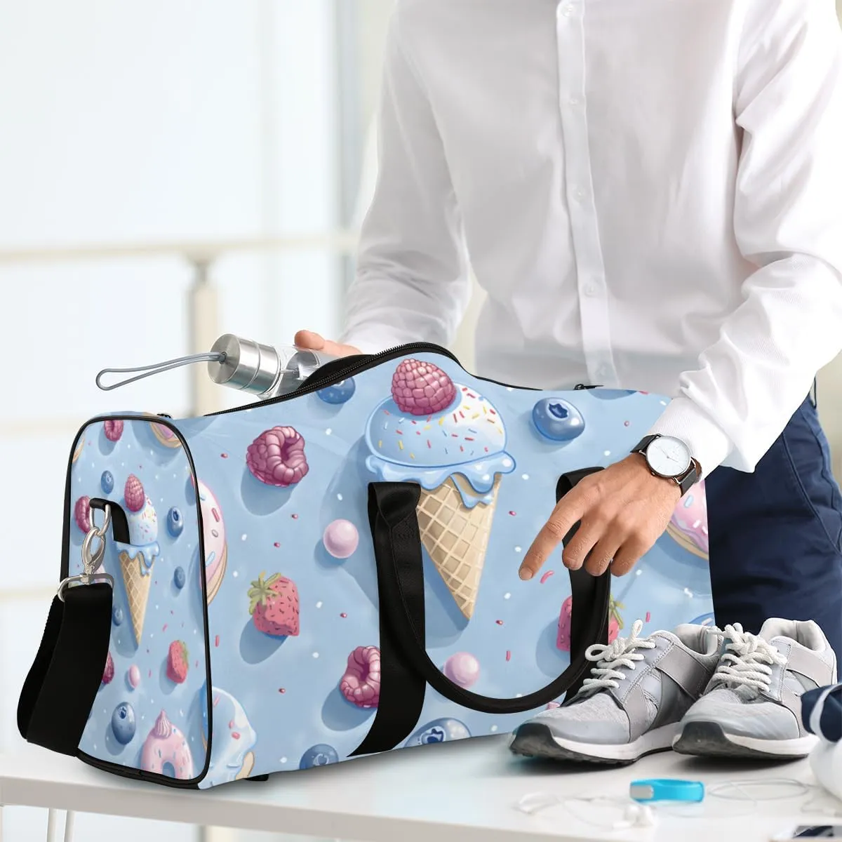 Cute Ice Cream Travel Duffle Bag for Women Men Gym Duffel Foldable Bag Waterproof Weekender Colorful Sweet Duffle Tote
