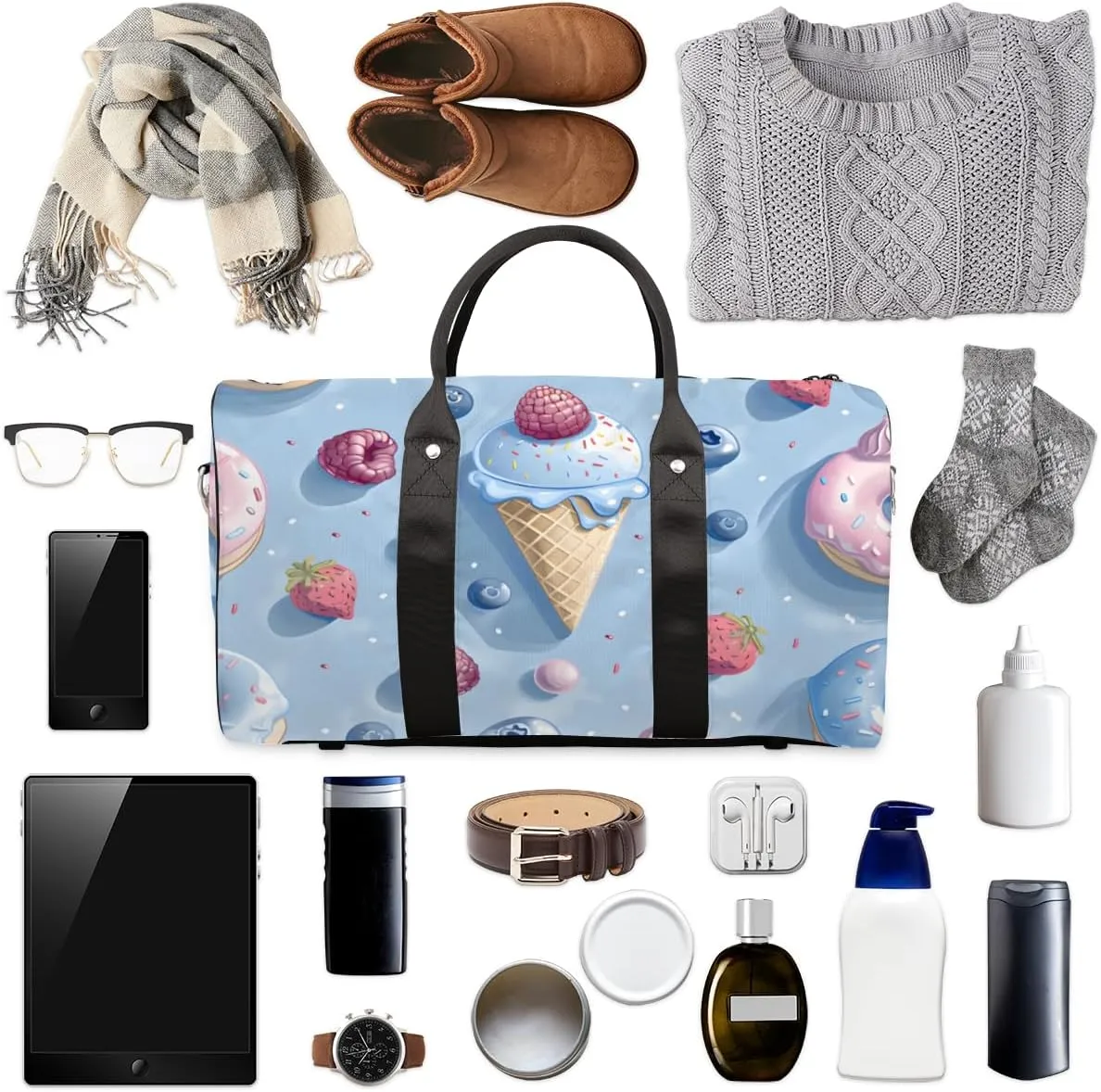 Cute Ice Cream Travel Duffle Bag for Women Men Gym Duffel Foldable Bag Waterproof Weekender Colorful Sweet Duffle Tote