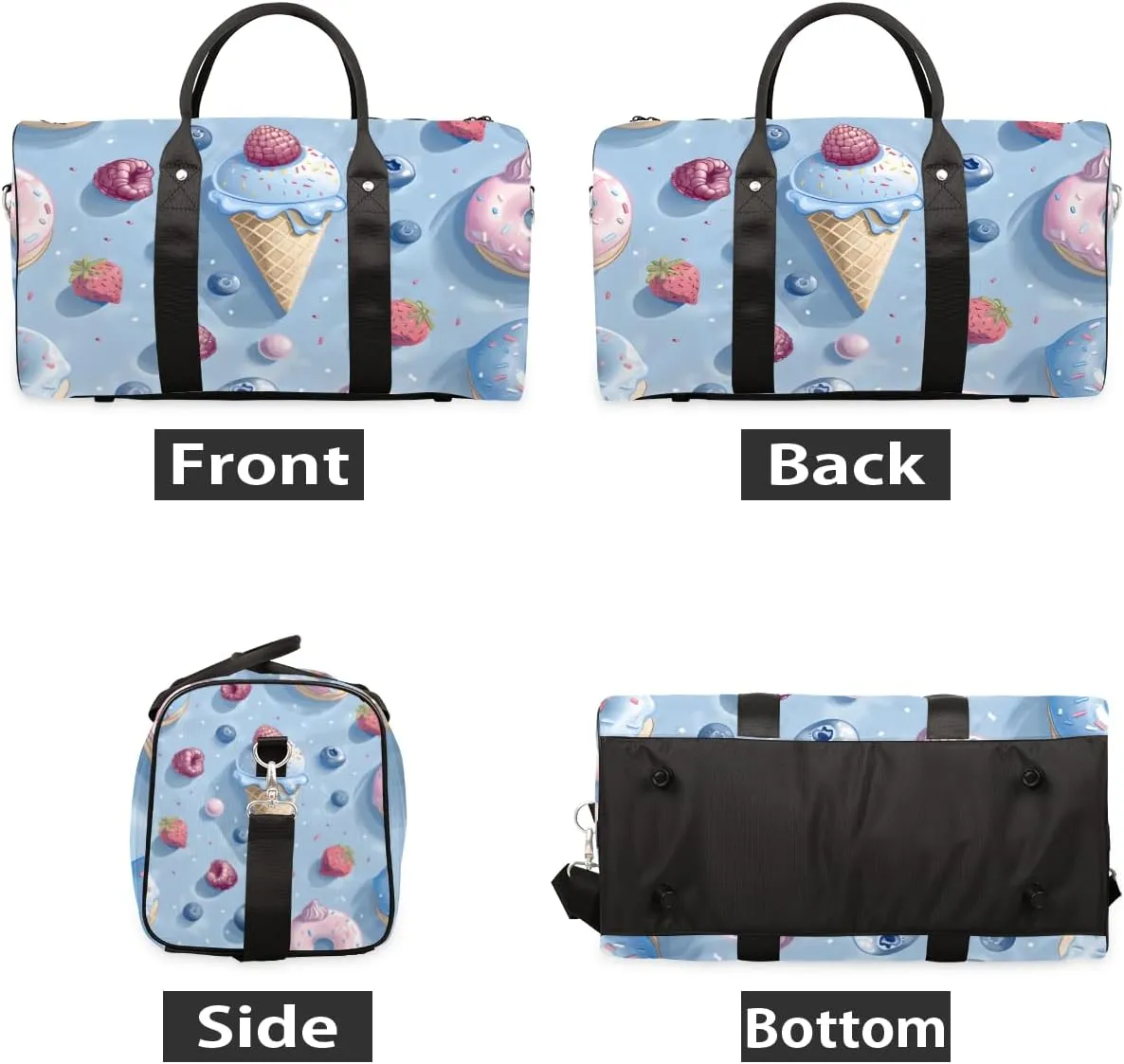 Cute Ice Cream Travel Duffle Bag for Women Men Gym Duffel Foldable Bag Waterproof Weekender Colorful Sweet Duffle Tote