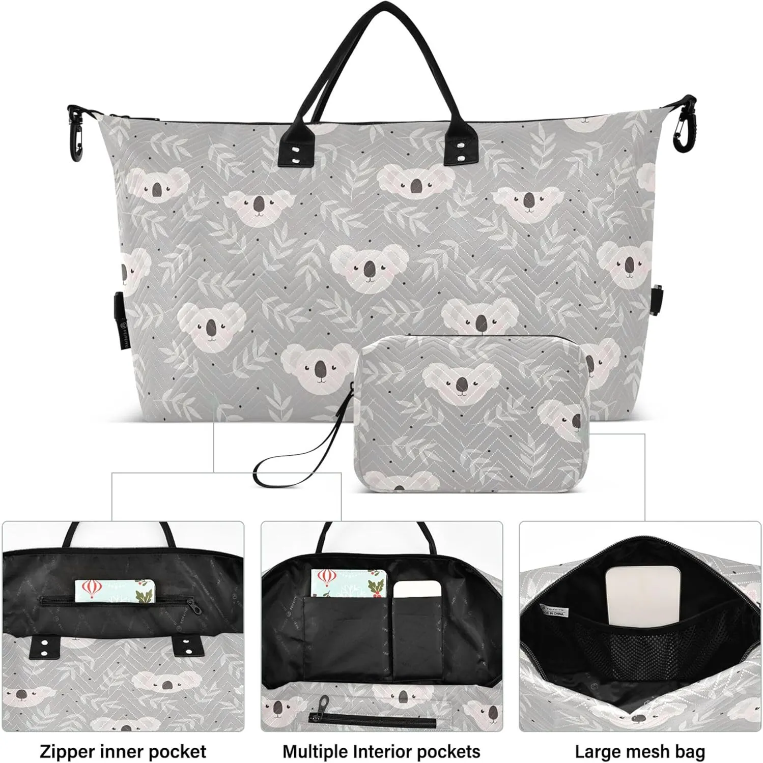 Cute Koala Grey Duffle Travel Bag Cosmetic Bags Set, Flower Women Luggage Bag Carry on Duffle