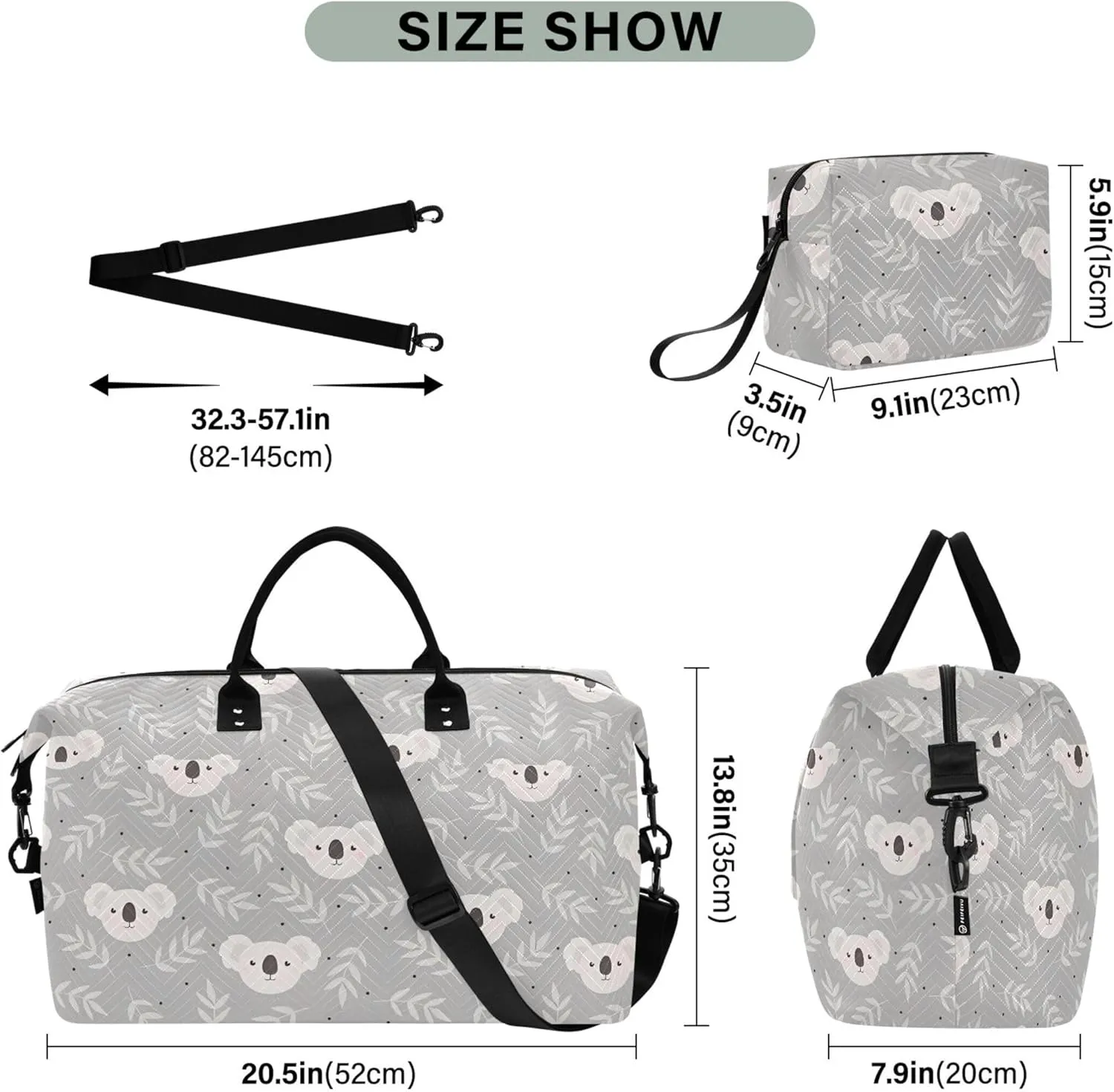 Cute Koala Grey Duffle Travel Bag Cosmetic Bags Set, Flower Women Luggage Bag Carry on Duffle