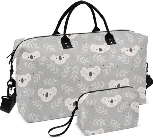 Cute Koala Grey Duffle Travel Bag Cosmetic Bags Set, Flower Women Luggage Bag Carry on Duffle
