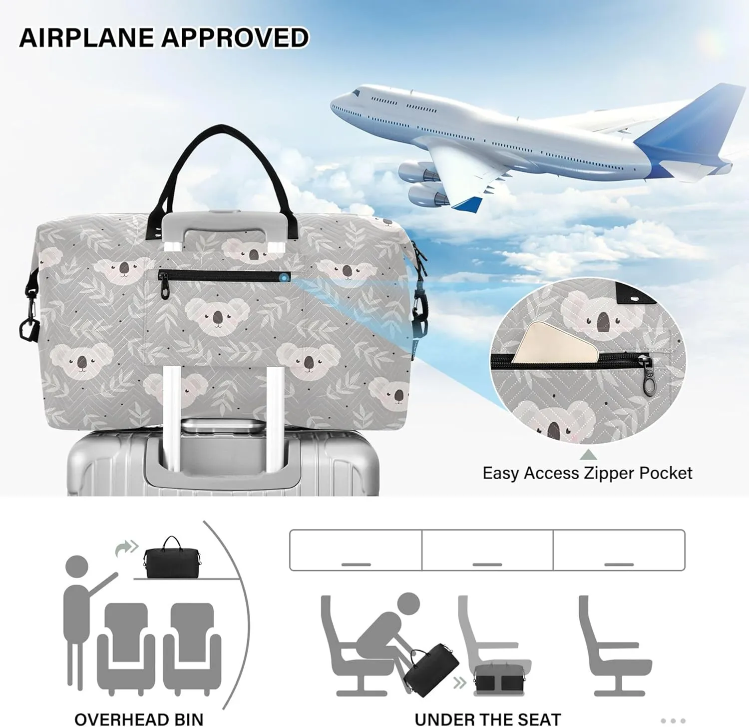 Cute Koala Grey Duffle Travel Bag Cosmetic Bags Set, Flower Women Luggage Bag Carry on Duffle
