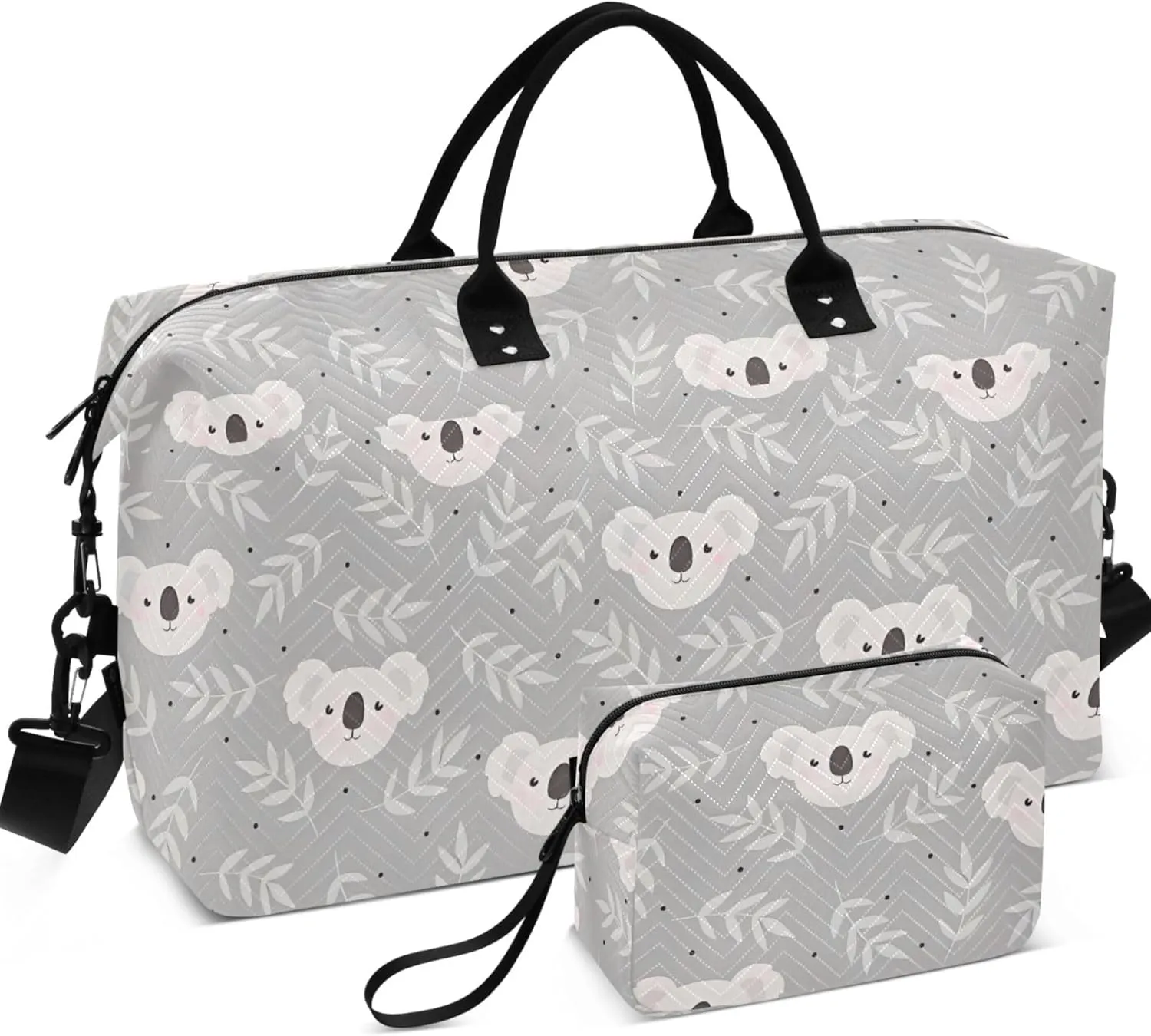 Cute Koala Grey Duffle Travel Bag Cosmetic Bags Set, Flower Women Luggage Bag Carry on Duffle