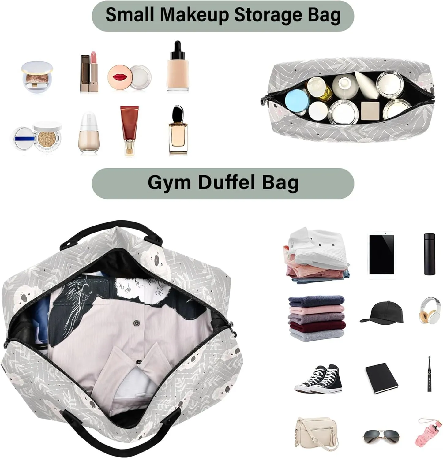 Cute Koala Grey Duffle Travel Bag Cosmetic Bags Set, Flower Women Luggage Bag Carry on Duffle