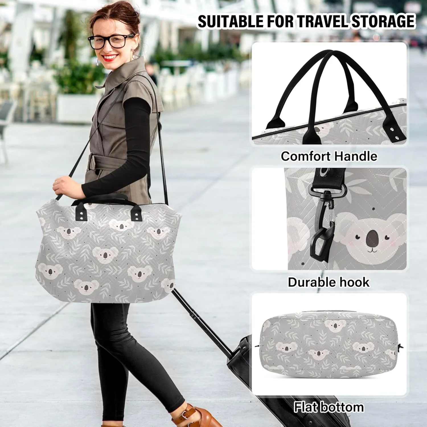Cute Koala Grey Duffle Travel Bag Cosmetic Bags Set, Flower Women Luggage Bag Carry on Duffle