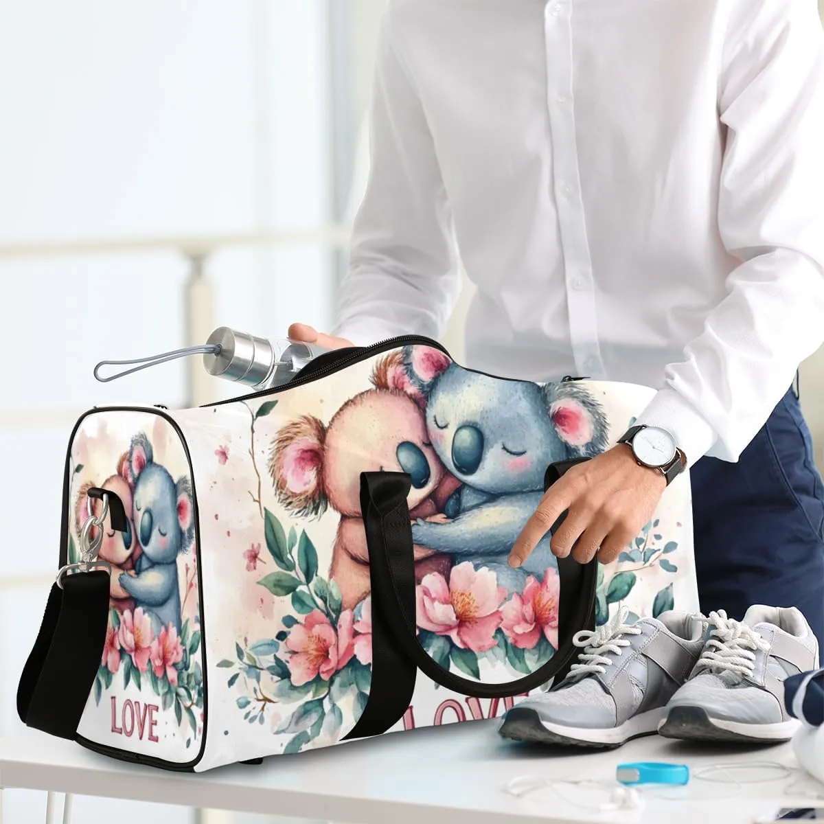 Cute Koala Travel Duffle Bag for Women Men Gym Duffel Foldable Bag Waterproof Weekender Love Theme Duffle Tote