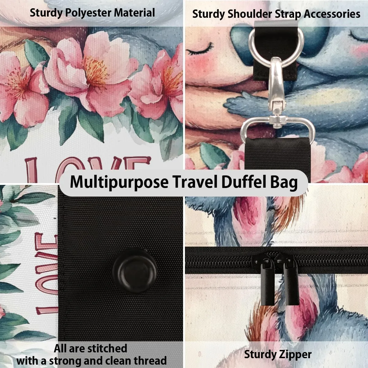 Cute Koala Travel Duffle Bag for Women Men Gym Duffel Foldable Bag Waterproof Weekender Love Theme Duffle Tote