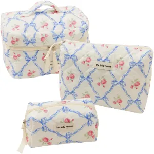 Cute Makeup Bag Aesthetic Floral Quilted Cotton Cosmetic Bag Travel Organizer Toiletry Pouch 3 Pack Set (01Blue Bow)