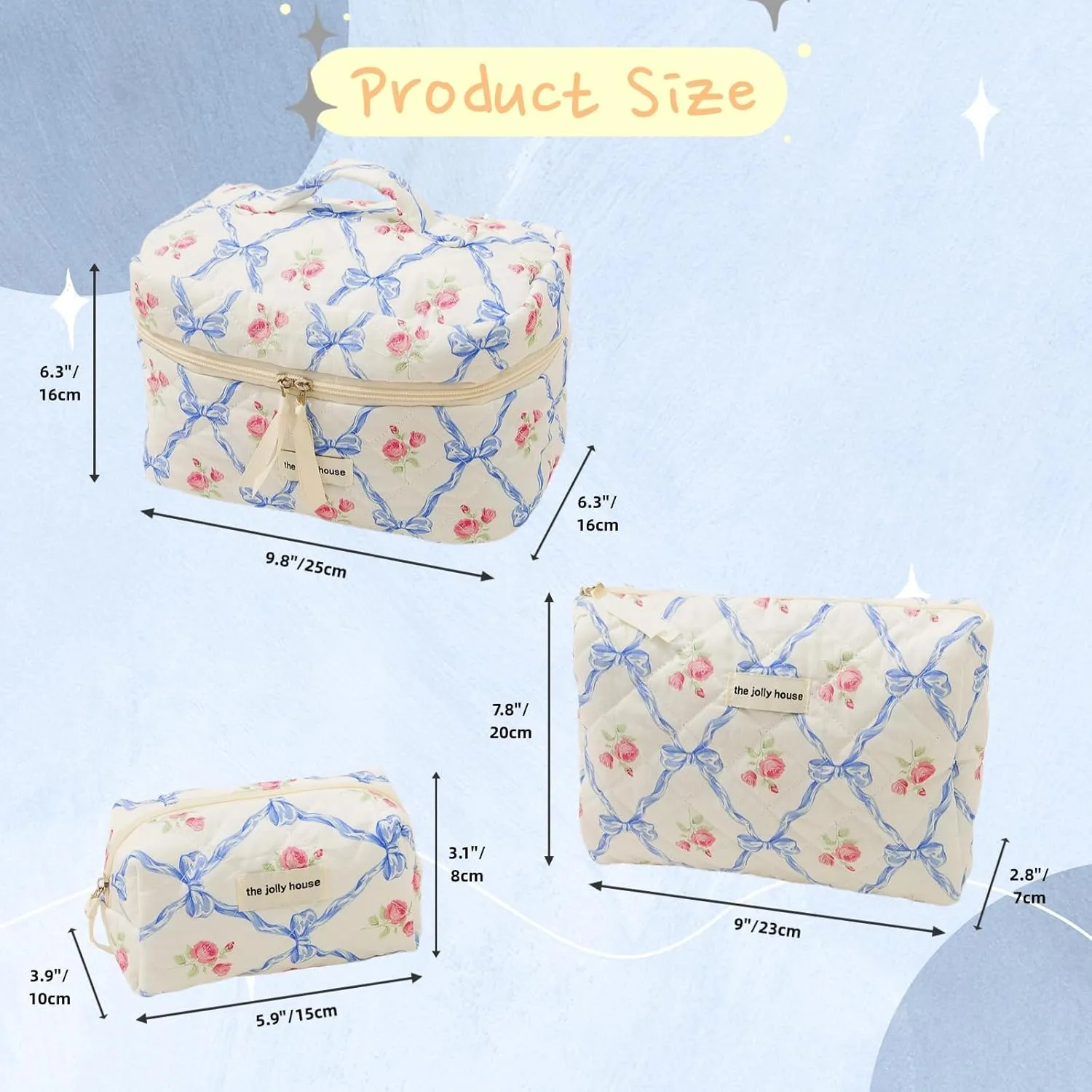 Cute Makeup Bag Aesthetic Floral Quilted Cotton Cosmetic Bag Travel Organizer Toiletry Pouch 3 Pack Set (01Blue Bow)