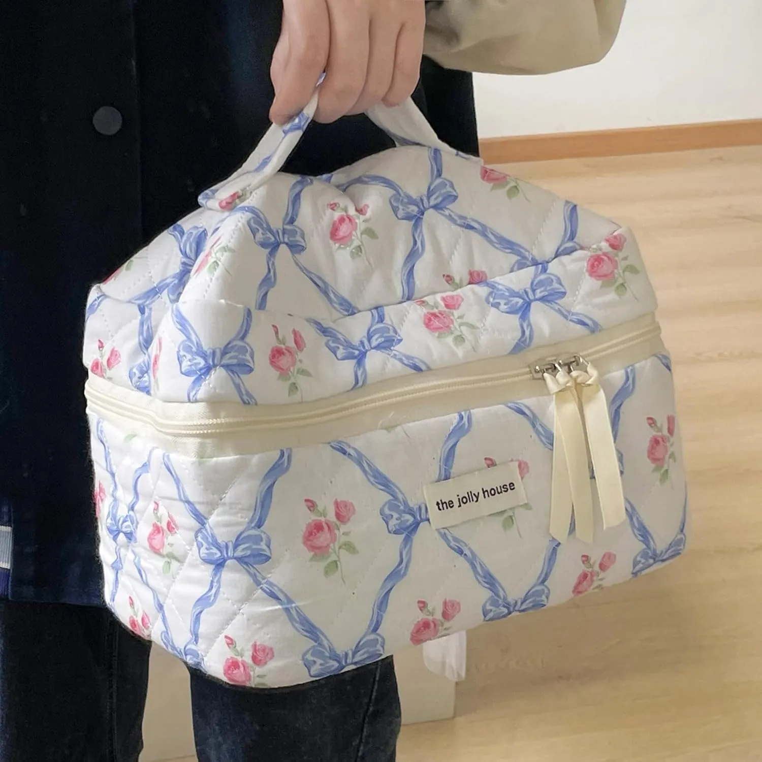 Cute Makeup Bag Aesthetic Floral Quilted Cotton Cosmetic Bag Travel Organizer Toiletry Pouch 3 Pack Set (01Blue Bow)