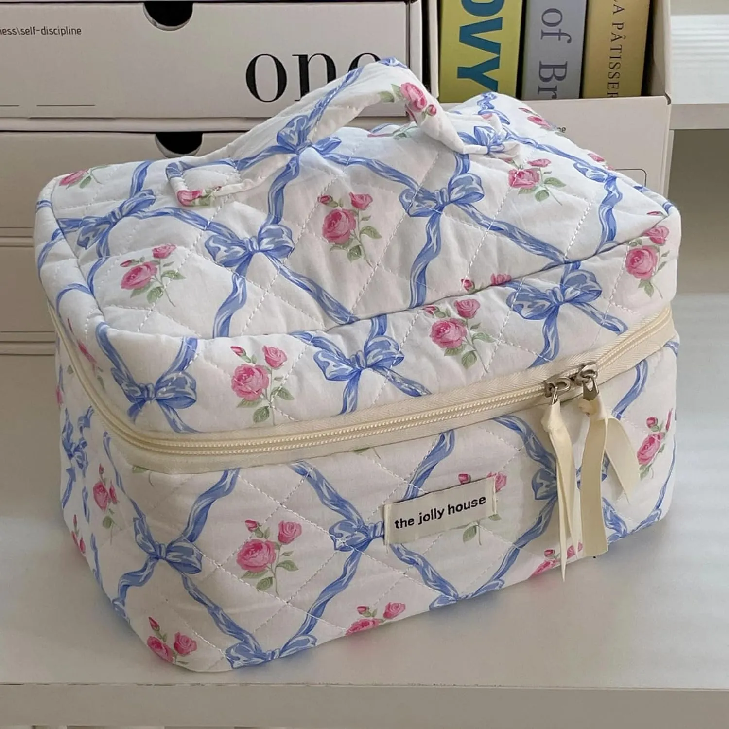 Cute Makeup Bag Aesthetic Floral Quilted Cotton Cosmetic Bag Travel Organizer Toiletry Pouch 3 Pack Set (01Blue Bow)