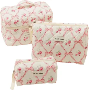 Cute Makeup Bag Aesthetic Floral Quilted Cotton Cosmetic Bag Travel Organizer Toiletry Pouch 3 Pack Set (01Pink Bow)