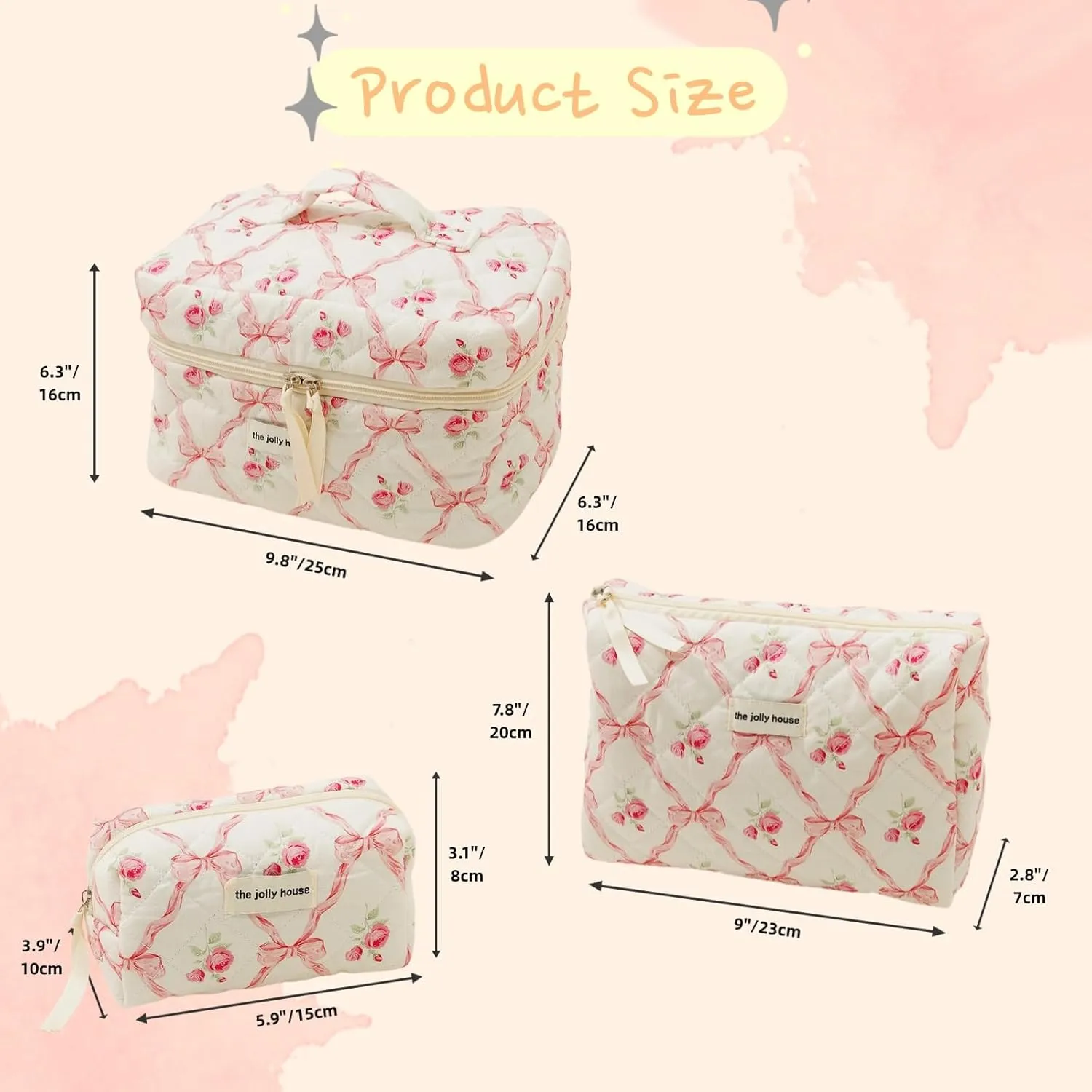 Cute Makeup Bag Aesthetic Floral Quilted Cotton Cosmetic Bag Travel Organizer Toiletry Pouch 3 Pack Set (01Pink Bow)
