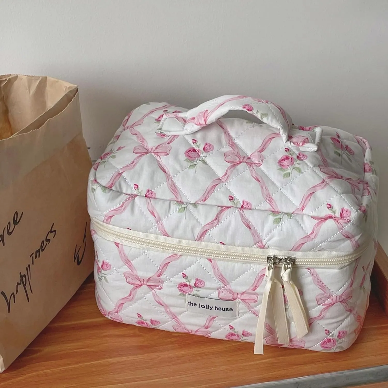 Cute Makeup Bag Aesthetic Floral Quilted Cotton Cosmetic Bag Travel Organizer Toiletry Pouch 3 Pack Set (01Pink Bow)