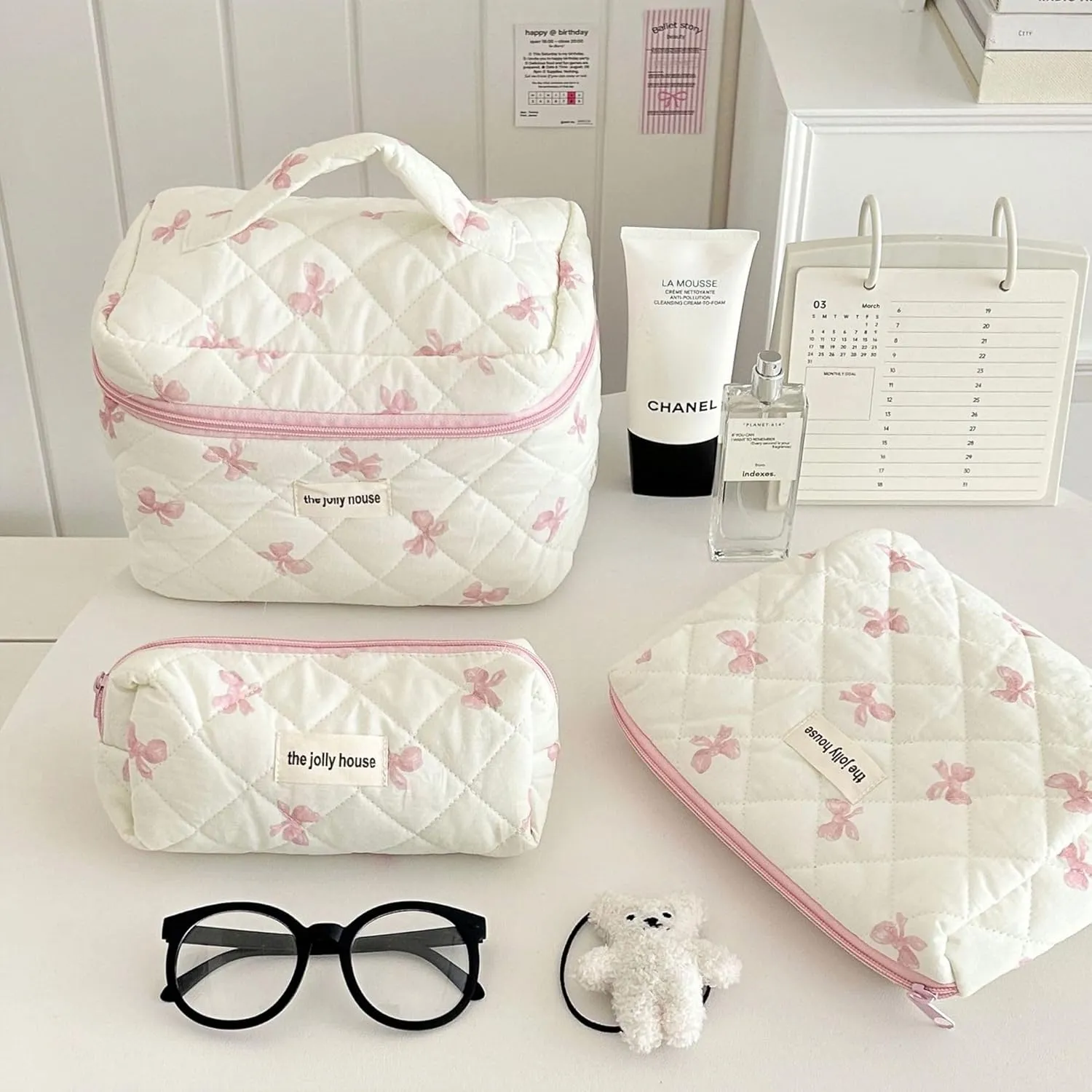 Cute Makeup Bag Aesthetic Floral Quilted Cotton Cosmetic Bag Travel Organizer Toiletry Pouch 3 Pack Set (02Pink Bow)
