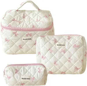 Cute Makeup Bag Aesthetic Floral Quilted Cotton Cosmetic Bag Travel Organizer Toiletry Pouch 3 Pack Set (02Pink Bow)