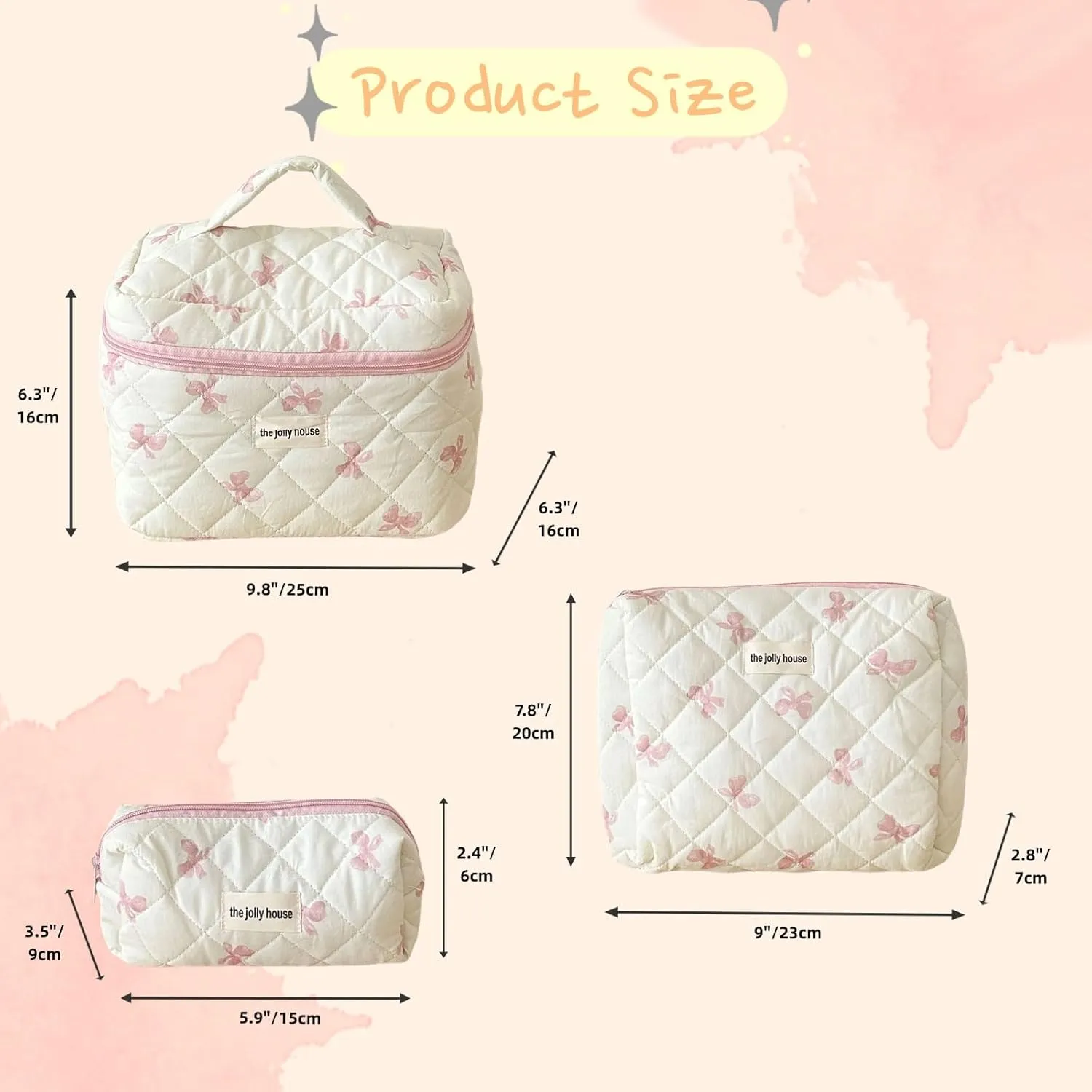 Cute Makeup Bag Aesthetic Floral Quilted Cotton Cosmetic Bag Travel Organizer Toiletry Pouch 3 Pack Set (02Pink Bow)