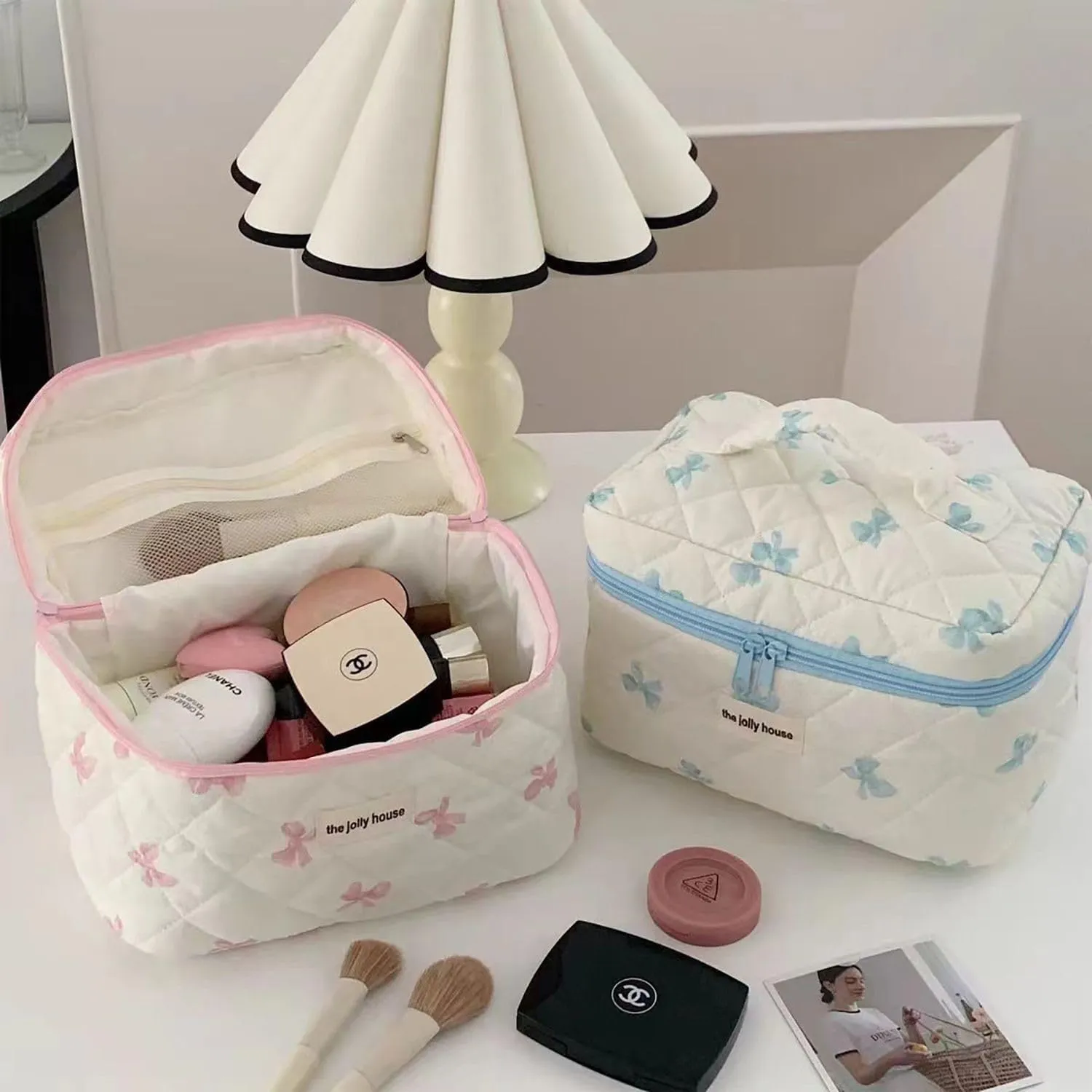 Cute Makeup Bag Aesthetic Floral Quilted Cotton Cosmetic Bag Travel Organizer Toiletry Pouch 3 Pack Set (02Pink Bow)