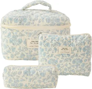 Cute Makeup Bag Aesthetic Floral Quilted Cotton Cosmetic Bag Travel Organizer Toiletry Pouch 3 Pack Set (Blue Floral)