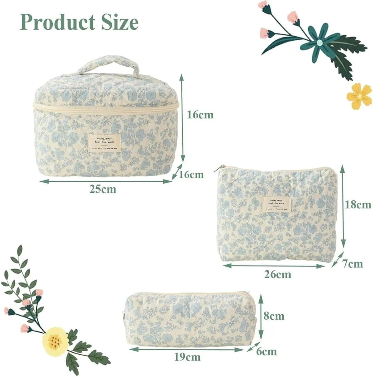 Cute Makeup Bag Aesthetic Floral Quilted Cotton Cosmetic Bag Travel Organizer Toiletry Pouch 3 Pack Set (Blue Floral)