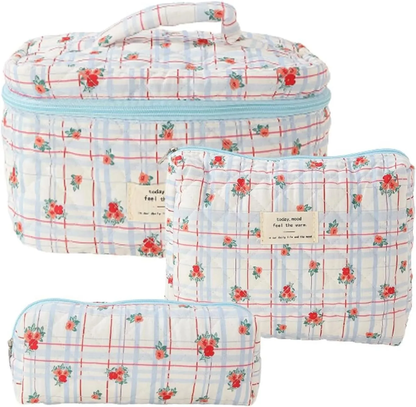 Cute Makeup Bag Aesthetic Floral Quilted Cotton Cosmetic Bag Travel Organizer Toiletry Pouch 3 Pack Set (Blue Plaid Flower)