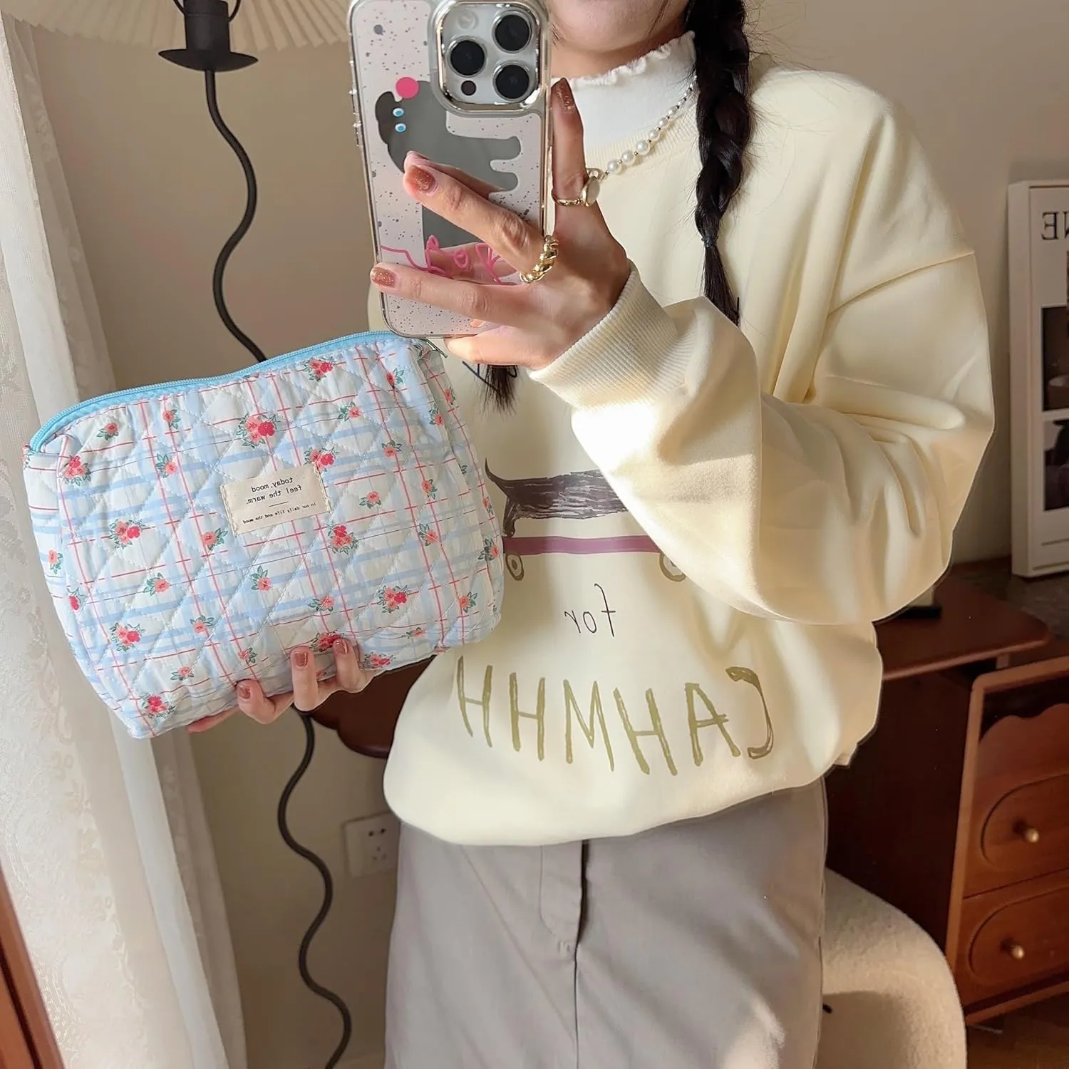 Cute Makeup Bag Aesthetic Floral Quilted Cotton Cosmetic Bag Travel Organizer Toiletry Pouch 3 Pack Set (Blue Plaid Flower)