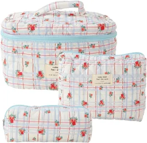Cute Makeup Bag Aesthetic Floral Quilted Cotton Cosmetic Bag Travel Organizer Toiletry Pouch 3 Pack Set (Blue Plaid Flower)