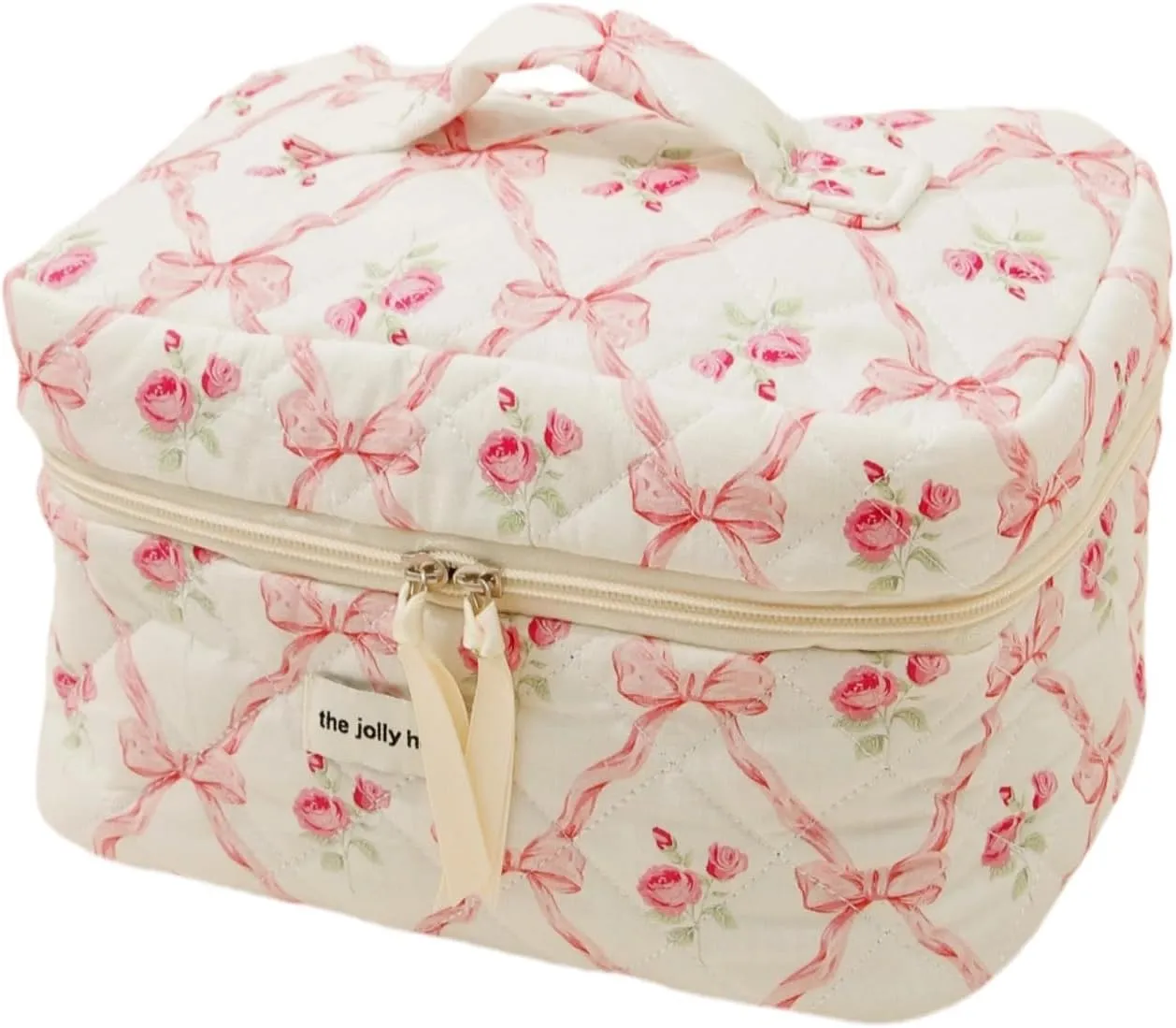 Cute Makeup Bag Cotton Quilted Cosmetic Bag Floral Aesthetic Toiletry Bag Kawaii Puffy Coquette Travel Organizer Pouch Purse for Women (01Pink Bow)