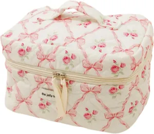 Cute Makeup Bag Cotton Quilted Cosmetic Bag Floral Aesthetic Toiletry Bag Kawaii Puffy Coquette Travel Organizer Pouch Purse for Women (01Pink Bow)