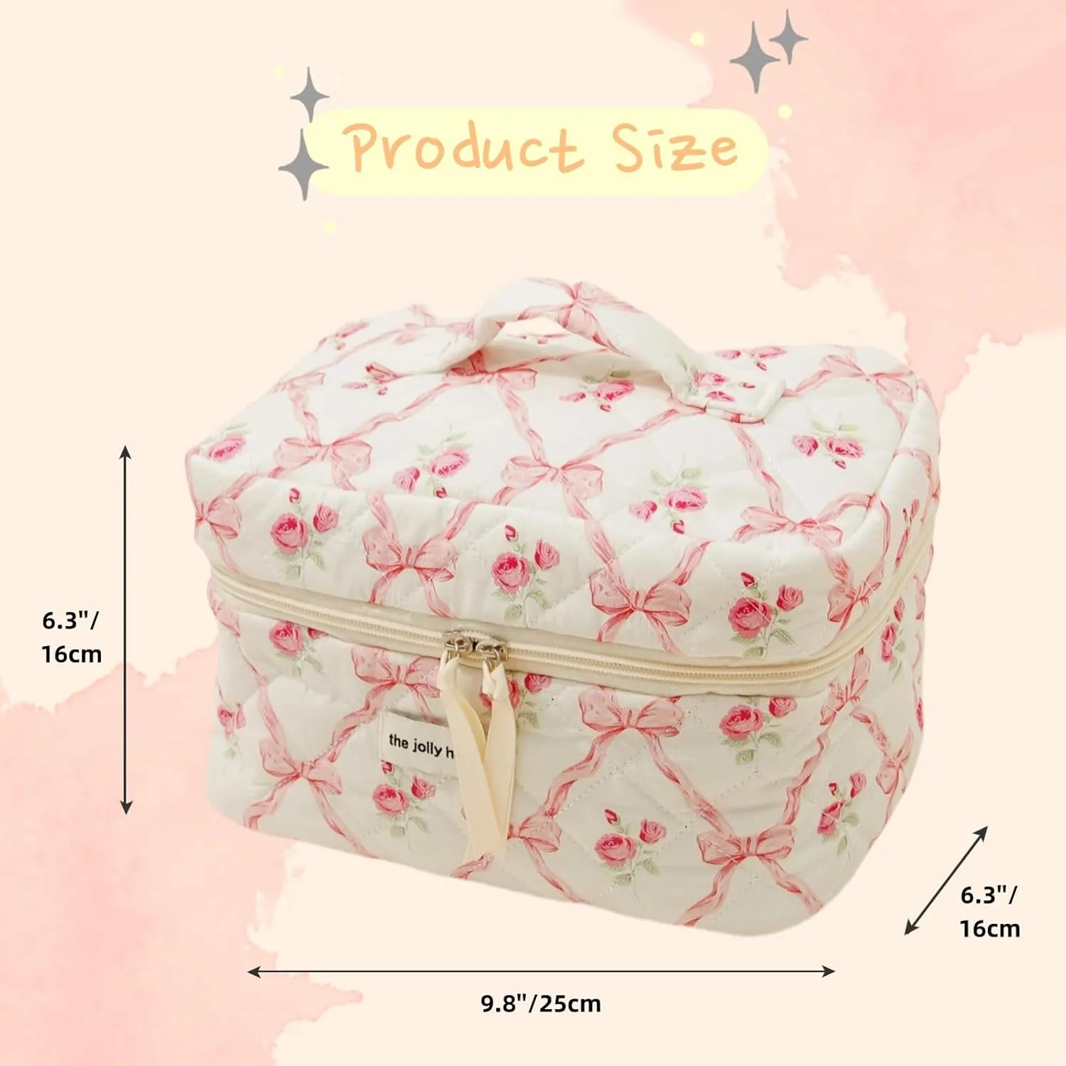 Cute Makeup Bag Cotton Quilted Cosmetic Bag Floral Aesthetic Toiletry Bag Kawaii Puffy Coquette Travel Organizer Pouch Purse for Women (01Pink Bow)