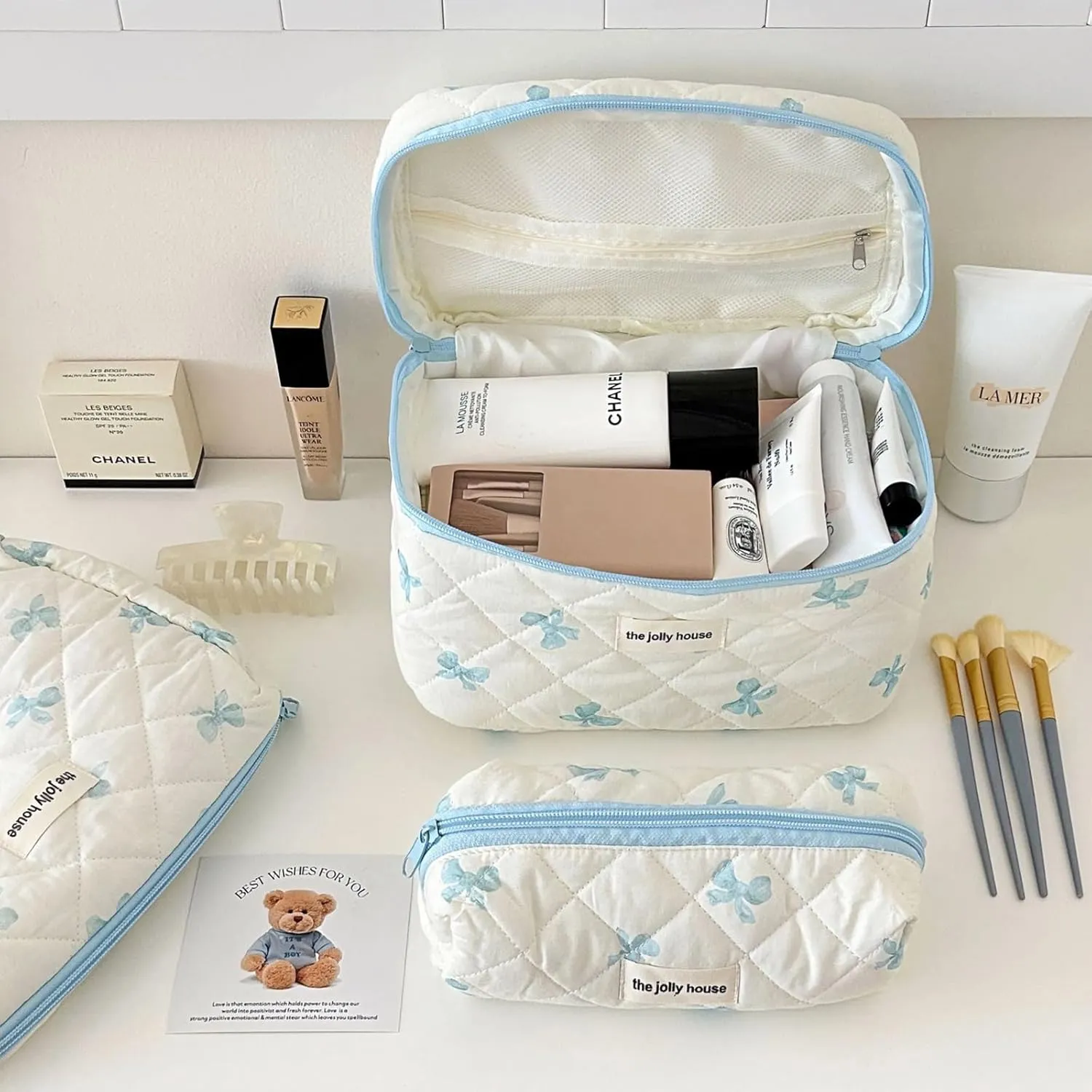Cute Makeup Bag Cotton Quilted Cosmetic Bag Floral Aesthetic Toiletry Bag Kawaii Puffy Coquette Travel Organizer Pouch Purse for Women (02Blue Bow)