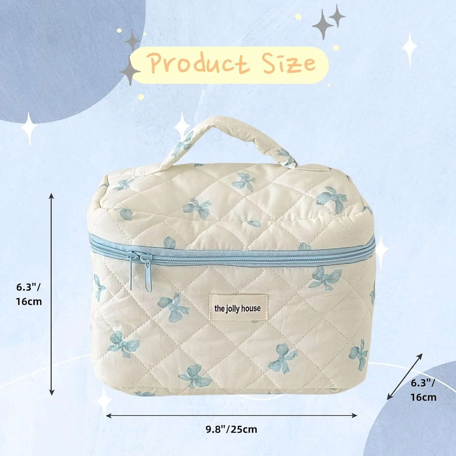 Cute Makeup Bag Cotton Quilted Cosmetic Bag Floral Aesthetic Toiletry Bag Kawaii Puffy Coquette Travel Organizer Pouch Purse for Women (02Blue Bow)