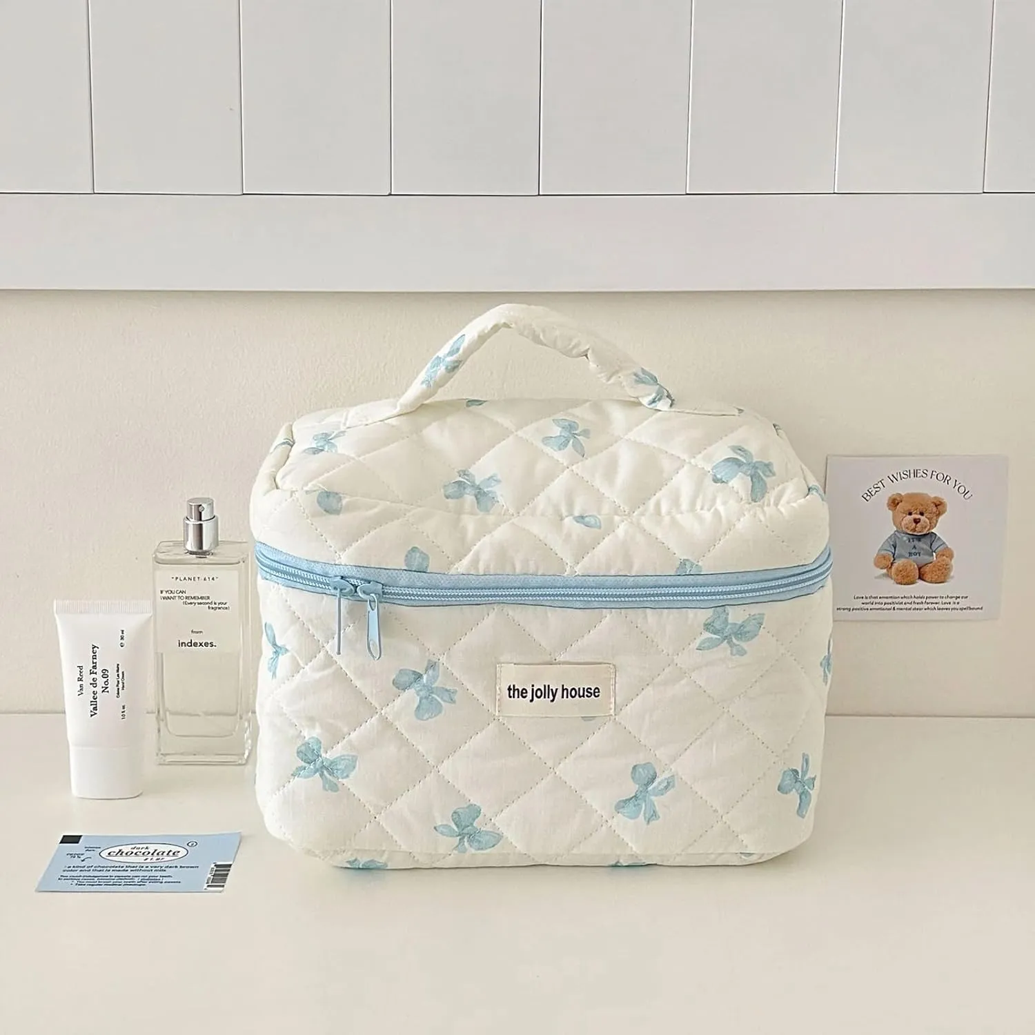 Cute Makeup Bag Cotton Quilted Cosmetic Bag Floral Aesthetic Toiletry Bag Kawaii Puffy Coquette Travel Organizer Pouch Purse for Women (02Blue Bow)