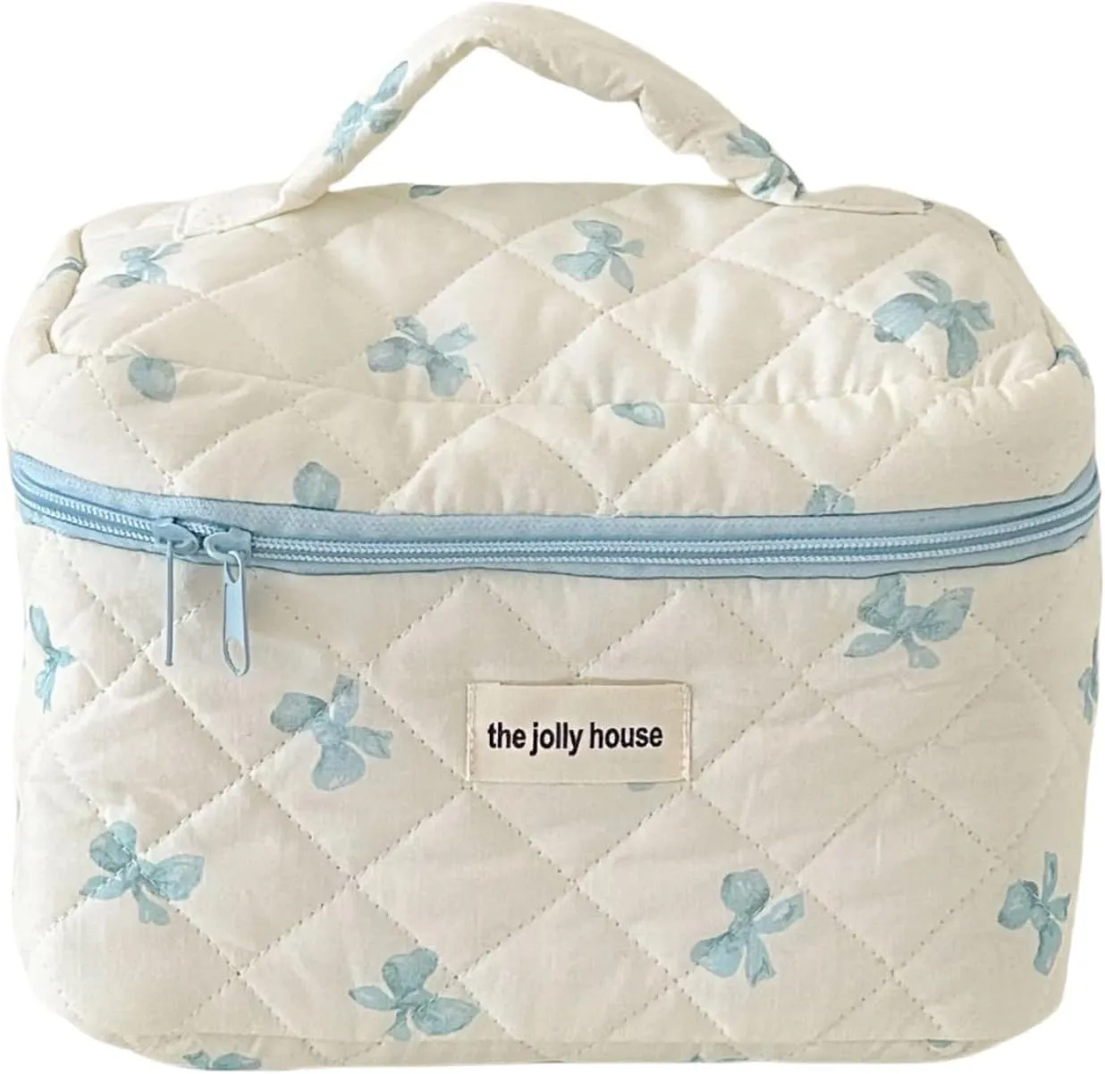 Cute Makeup Bag Cotton Quilted Cosmetic Bag Floral Aesthetic Toiletry Bag Kawaii Puffy Coquette Travel Organizer Pouch Purse for Women (02Blue Bow)
