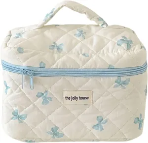 Cute Makeup Bag Cotton Quilted Cosmetic Bag Floral Aesthetic Toiletry Bag Kawaii Puffy Coquette Travel Organizer Pouch Purse for Women (02Blue Bow)