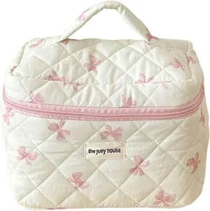 Cute Makeup Bag Cotton Quilted Cosmetic Bag Floral Aesthetic Toiletry Bag Kawaii Puffy Coquette Travel Organizer Pouch Purse for Women (02Pink Bow)