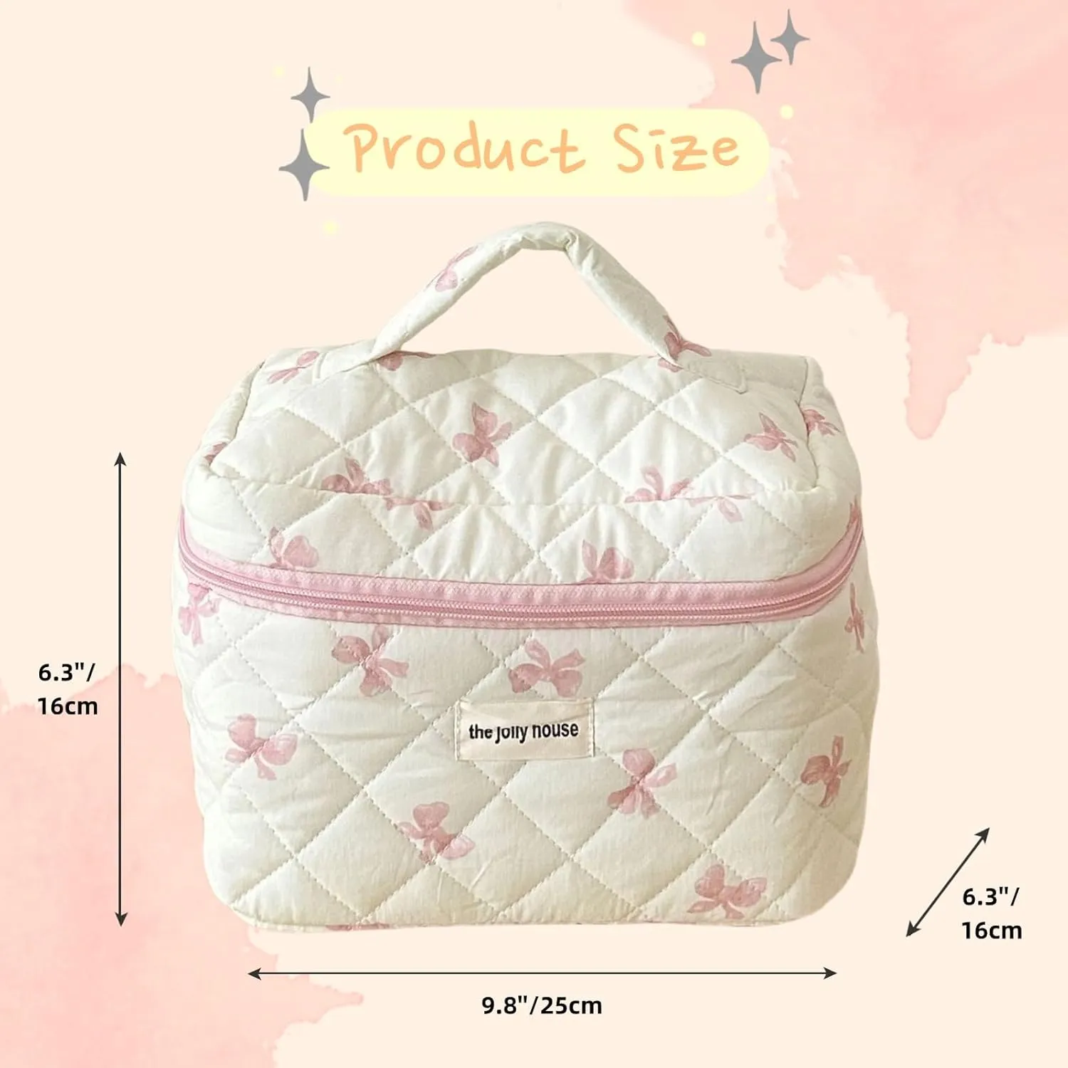 Cute Makeup Bag Cotton Quilted Cosmetic Bag Floral Aesthetic Toiletry Bag Kawaii Puffy Coquette Travel Organizer Pouch Purse for Women (02Pink Bow)
