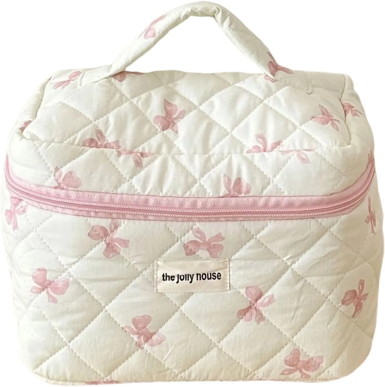 Cute Makeup Bag Cotton Quilted Cosmetic Bag Floral Aesthetic Toiletry Bag Kawaii Puffy Coquette Travel Organizer Pouch Purse for Women (02Pink Bow)
