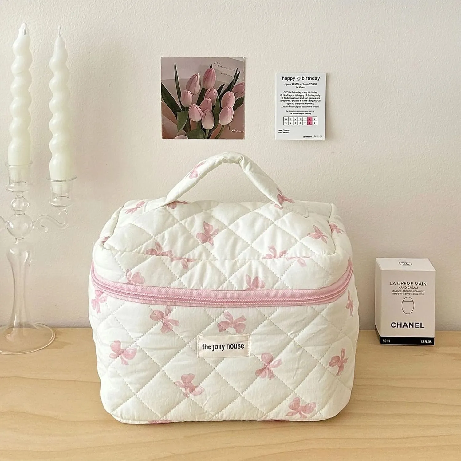 Cute Makeup Bag Cotton Quilted Cosmetic Bag Floral Aesthetic Toiletry Bag Kawaii Puffy Coquette Travel Organizer Pouch Purse for Women (02Pink Bow)