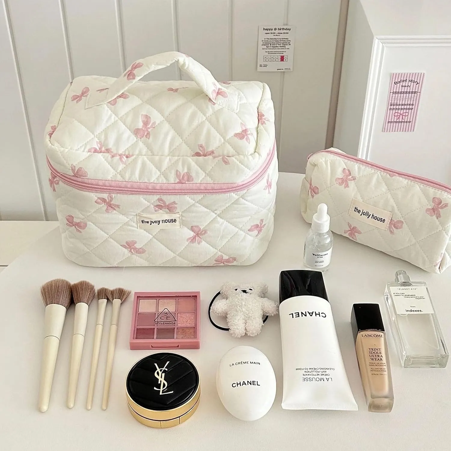 Cute Makeup Bag Cotton Quilted Cosmetic Bag Floral Aesthetic Toiletry Bag Kawaii Puffy Coquette Travel Organizer Pouch Purse for Women (02Pink Bow)
