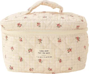 Cute Makeup Bag Cotton Quilted Toiletry Bag Floral Aesthetic Cosmetic Bag Kawaii Puffy Coquette Travel Organizer Pouch Purse for Women (Beige Flower)