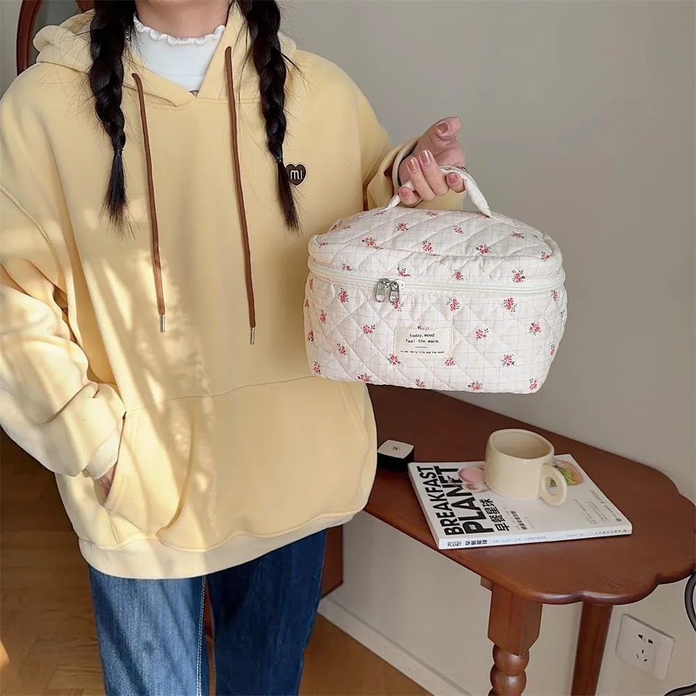 Cute Makeup Bag Cotton Quilted Toiletry Bag Floral Aesthetic Cosmetic Bag Kawaii Puffy Coquette Travel Organizer Pouch Purse for Women (Beige Flower)