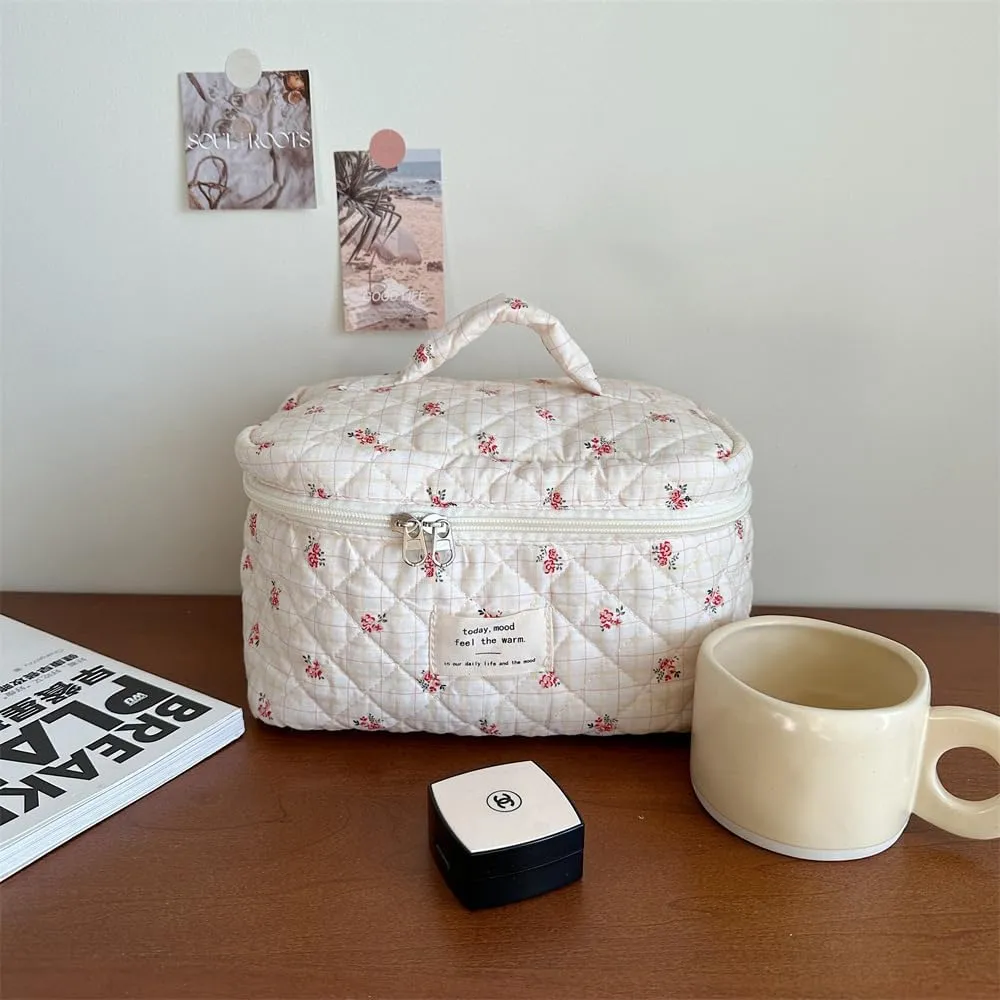 Cute Makeup Bag Cotton Quilted Toiletry Bag Floral Aesthetic Cosmetic Bag Kawaii Puffy Coquette Travel Organizer Pouch Purse for Women (Beige Flower)
