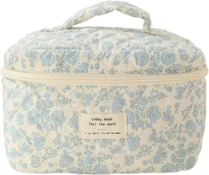 Cute Makeup Bag Cotton Quilted Toiletry Bag Floral Aesthetic Cosmetic Bag Kawaii Puffy Coquette Travel Organizer Pouch Purse for Women (Blue Floral)