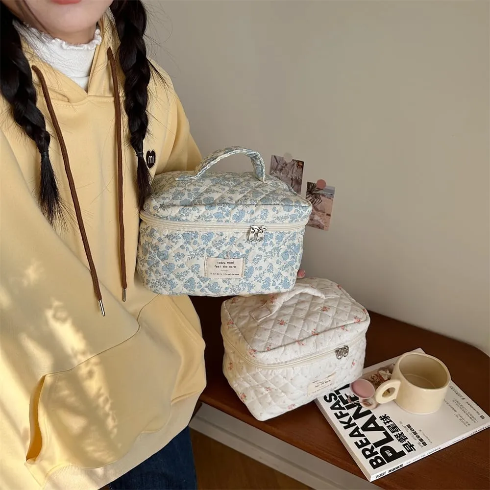 Cute Makeup Bag Cotton Quilted Toiletry Bag Floral Aesthetic Cosmetic Bag Kawaii Puffy Coquette Travel Organizer Pouch Purse for Women (Blue Floral)