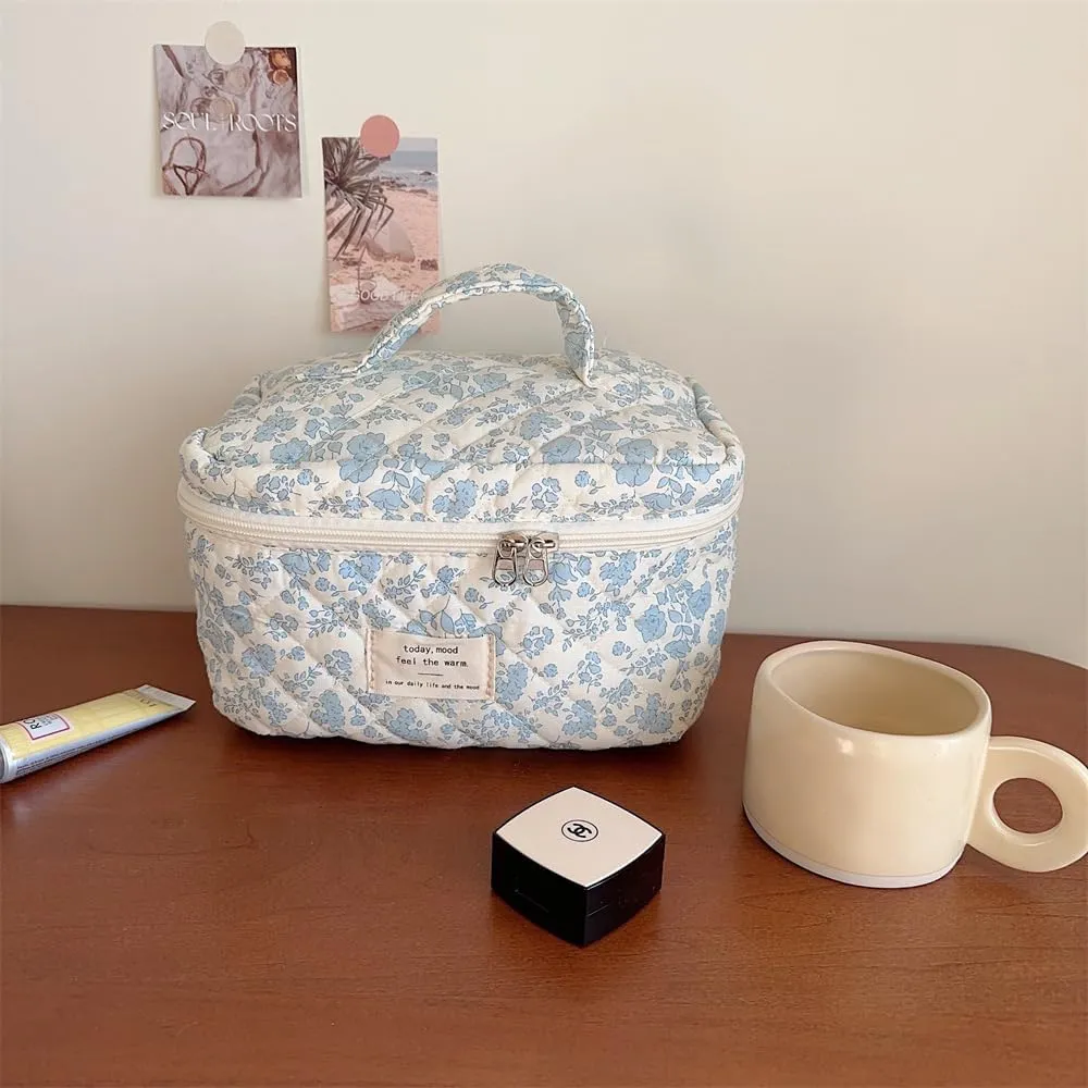 Cute Makeup Bag Cotton Quilted Toiletry Bag Floral Aesthetic Cosmetic Bag Kawaii Puffy Coquette Travel Organizer Pouch Purse for Women (Blue Floral)