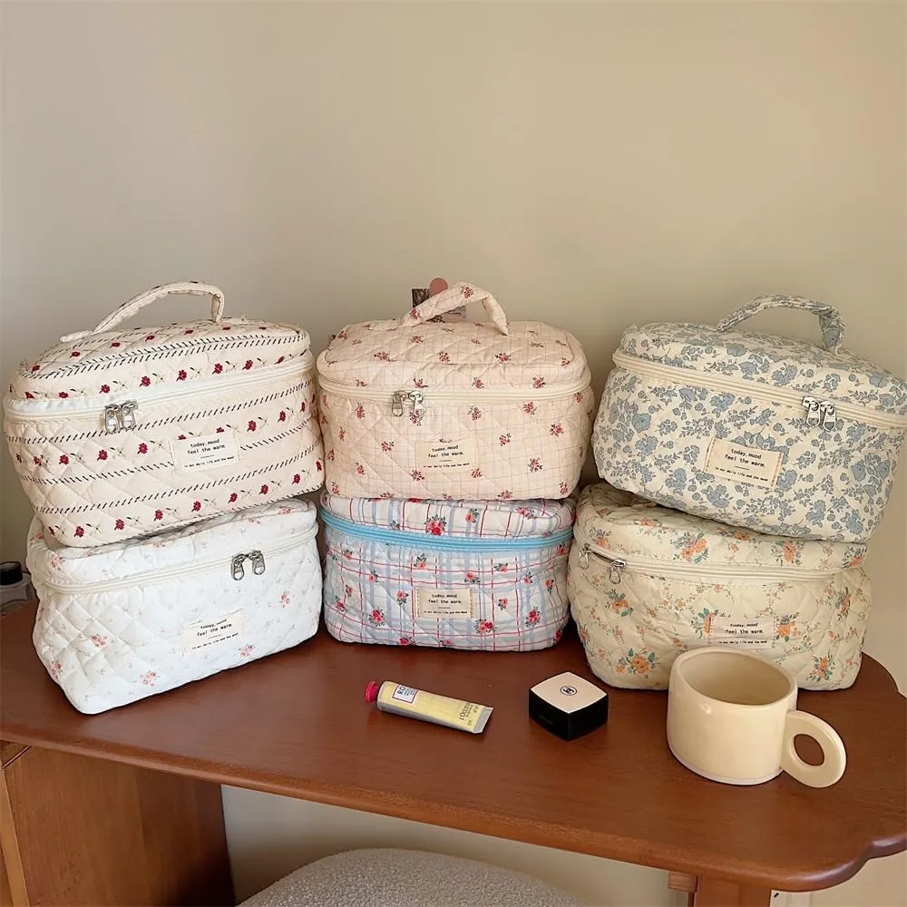 Cute Makeup Bag Cotton Quilted Toiletry Bag Floral Aesthetic Cosmetic Bag Kawaii Puffy Coquette Travel Organizer Pouch Purse for Women (Blue Floral)