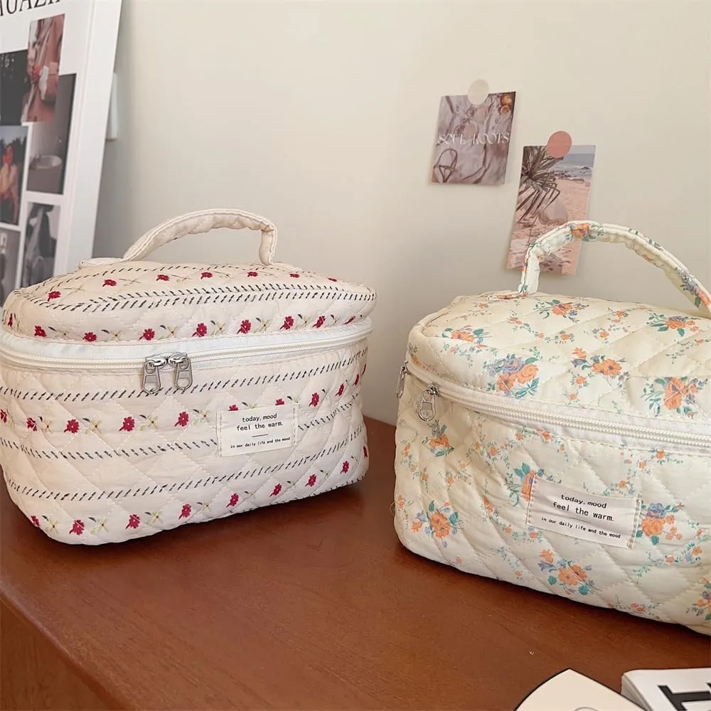 Cute Makeup Bag Cotton Quilted Toiletry Bag Floral Aesthetic Cosmetic Bag Kawaii Puffy Coquette Travel Organizer Pouch Purse for Women (Creamy Strip Flower)