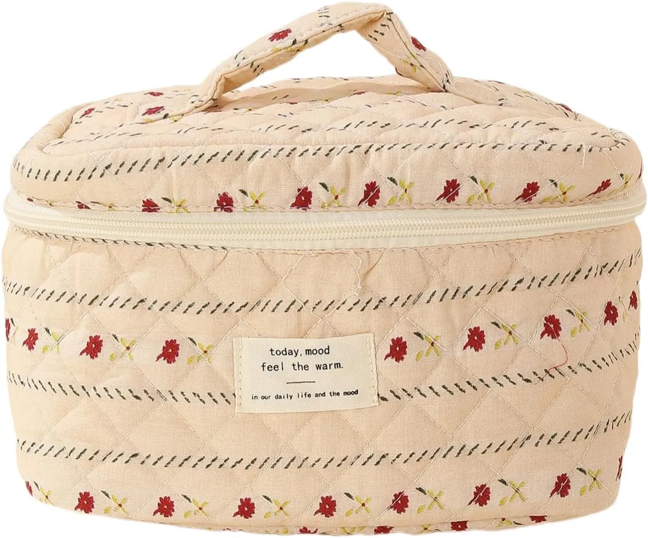 Cute Makeup Bag Cotton Quilted Toiletry Bag Floral Aesthetic Cosmetic Bag Kawaii Puffy Coquette Travel Organizer Pouch Purse for Women (Creamy Strip Flower)